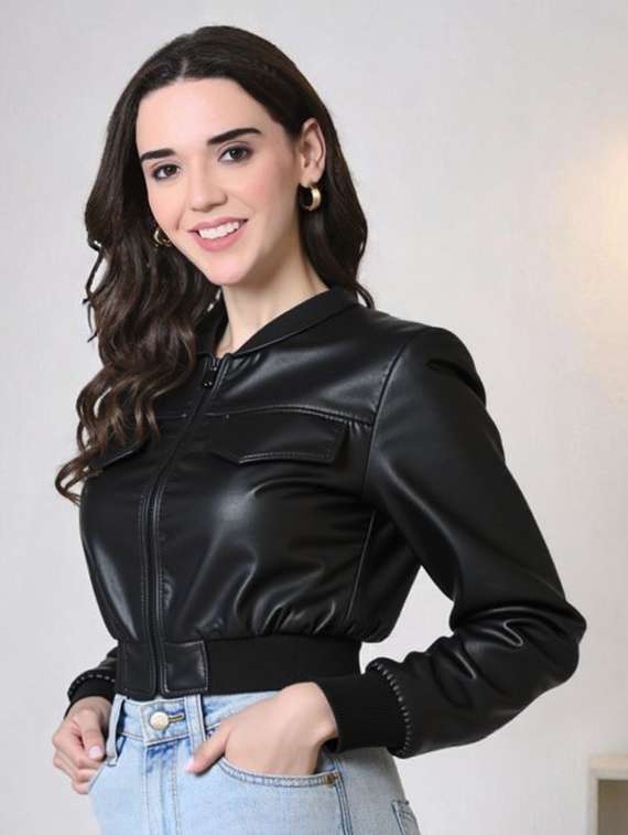 women black solid long sleeve leather jacket