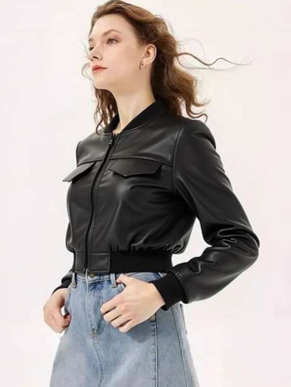 women black solid long sleeve leather jacket - 22224371 -  Standard Image - 1