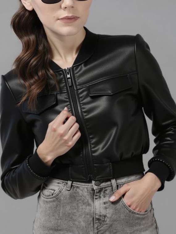 women black solid long sleeve leather jacket - 22224374 -  Standard Image - 1