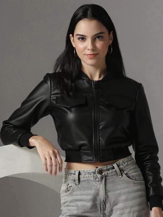 women black solid long sleeve leather jacket