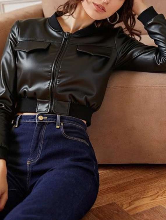 women black solid long sleeve leather jacket - 22224378 -  Standard Image - 1