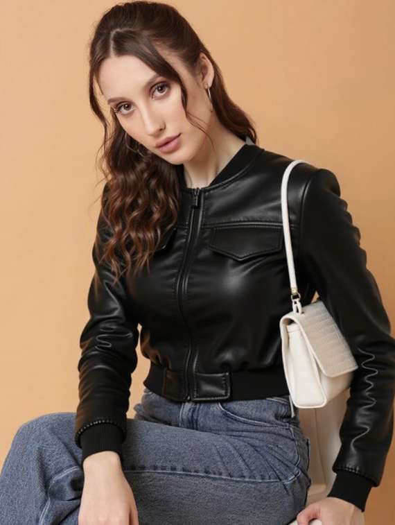 women black solid long sleeve leather jacket