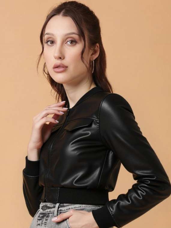 women black solid long sleeve leather jacket - 22224381 -  Standard Image - 1