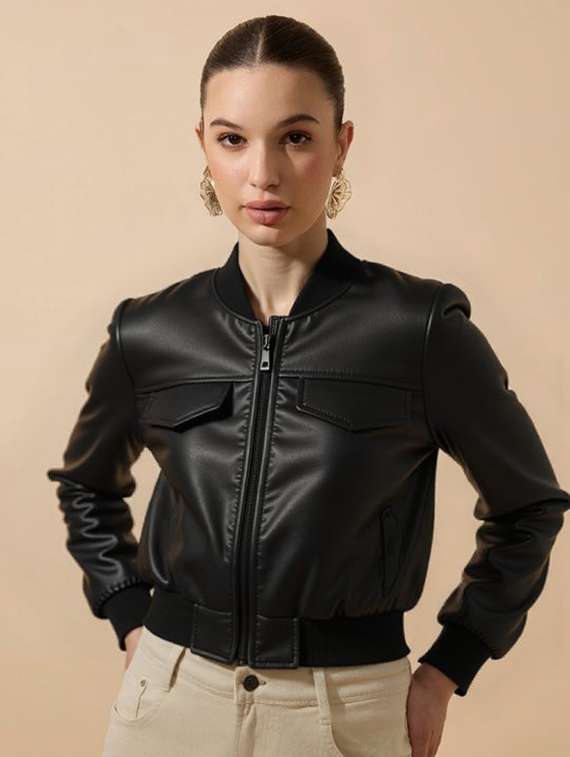 women black solid long sleeve leather jacket