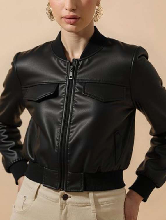 women black solid long sleeve leather jacket - 22224382 -  Standard Image - 1