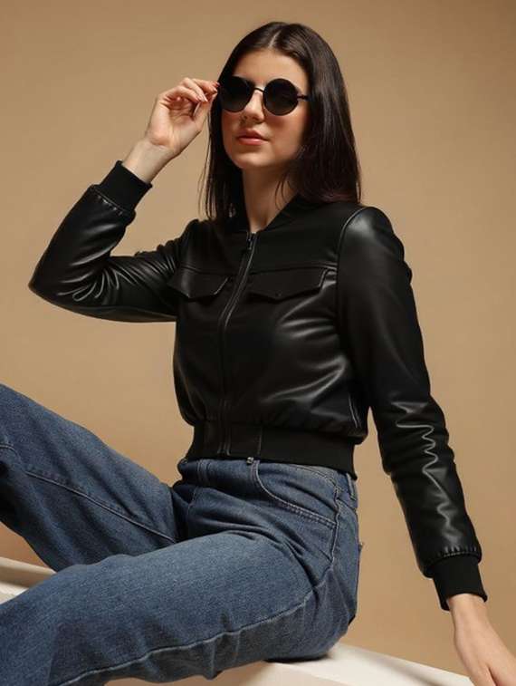 women black solid long sleeve leather jacket