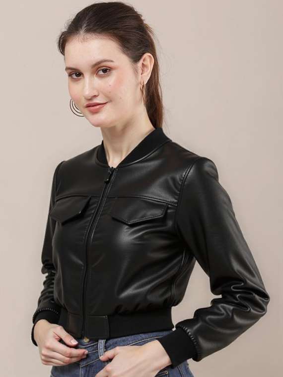 women black solid long sleeve leather jacket - 22224386 -  Standard Image - 1
