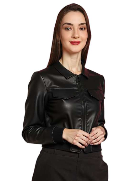 women black solid long sleeve leather jacket - 22224388 -  Standard Image - 1