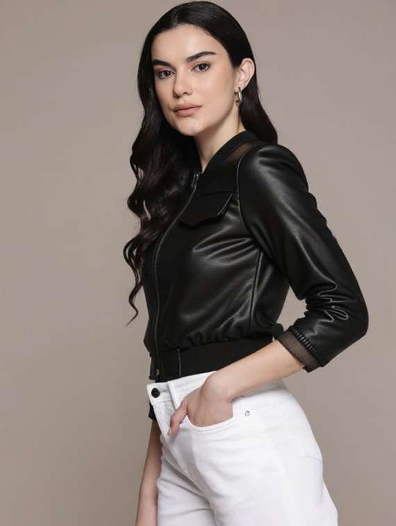 women black solid long sleeve leather jacket - 22224390 -  Standard Image - 1