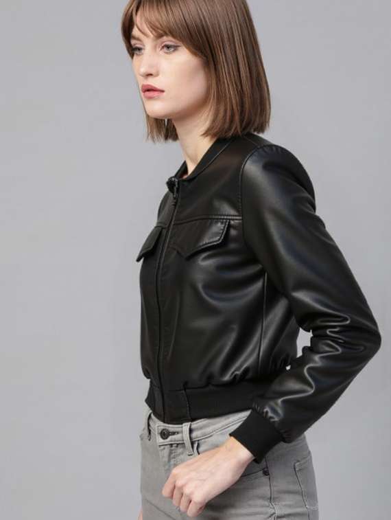 women black solid long sleeve leather jacket - 22224391 -  Standard Image - 1