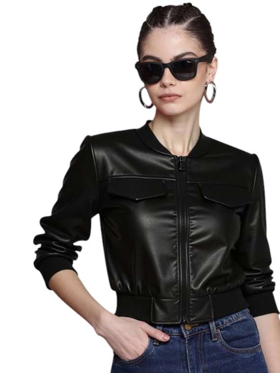 women black solid long sleeve leather jacket