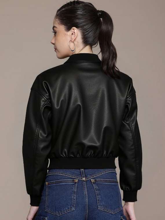 women black solid long sleeve leather jacket - 22224392 -  Standard Image - 1