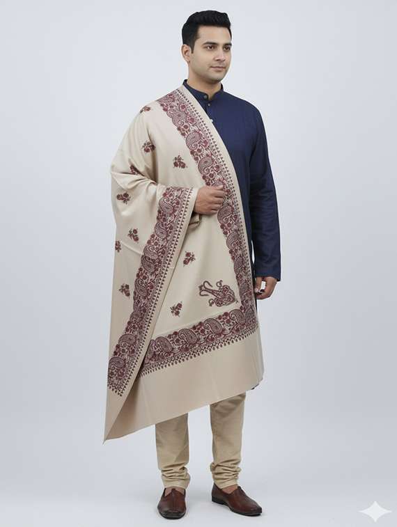 men solid with work pashmina shawl - 22224445 -  Standard Image - 1