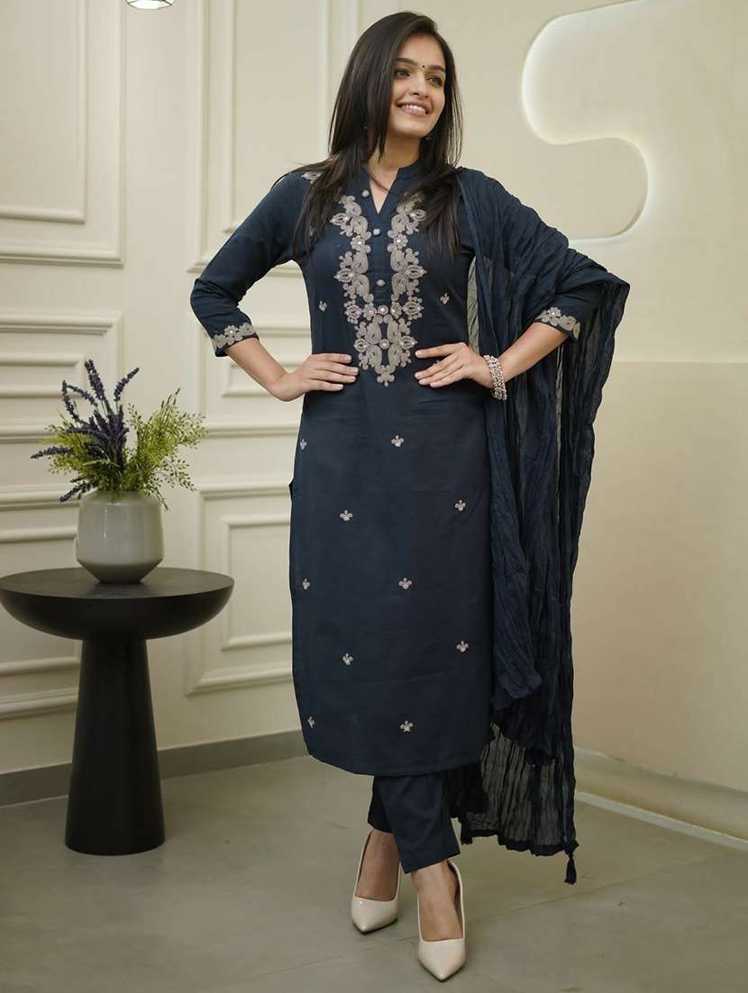 women solid with work three quarter sleeve kurta pant with dupatta set - 22224536 -  Standard Image - 1