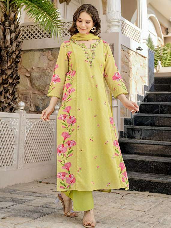 women floral three quarter sleeve kurta pant with dupatta set - 22224541 -  Standard Image - 1