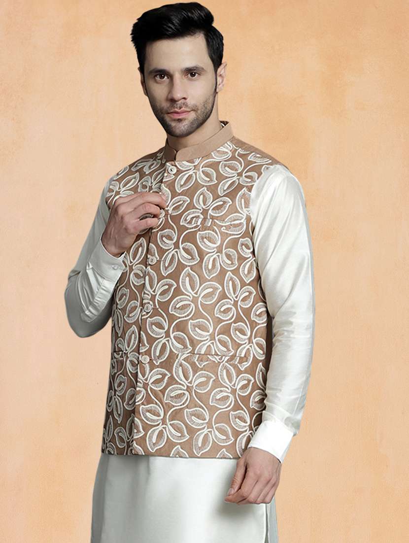men solid with work mandarin neck regular fit nehru jacket - 22224546 -  Standard Image - 1