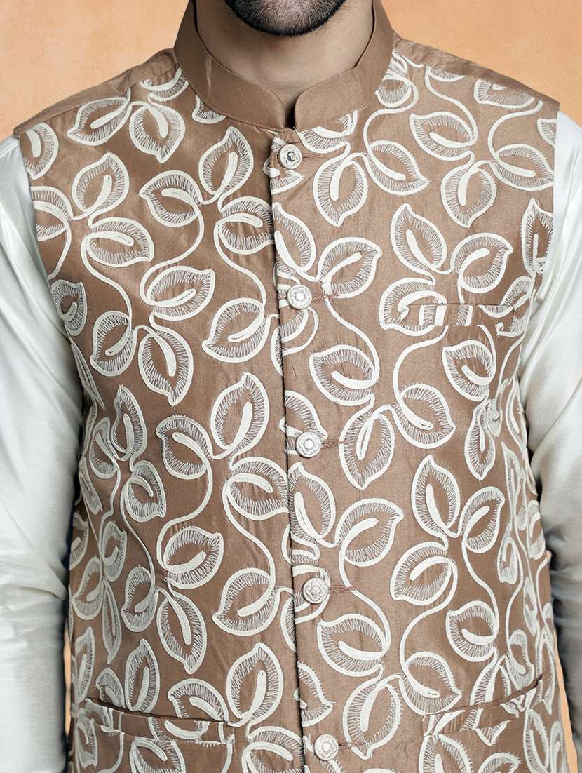 men solid with work mandarin neck regular fit nehru jacket - 22224546 -  Standard Image - 4