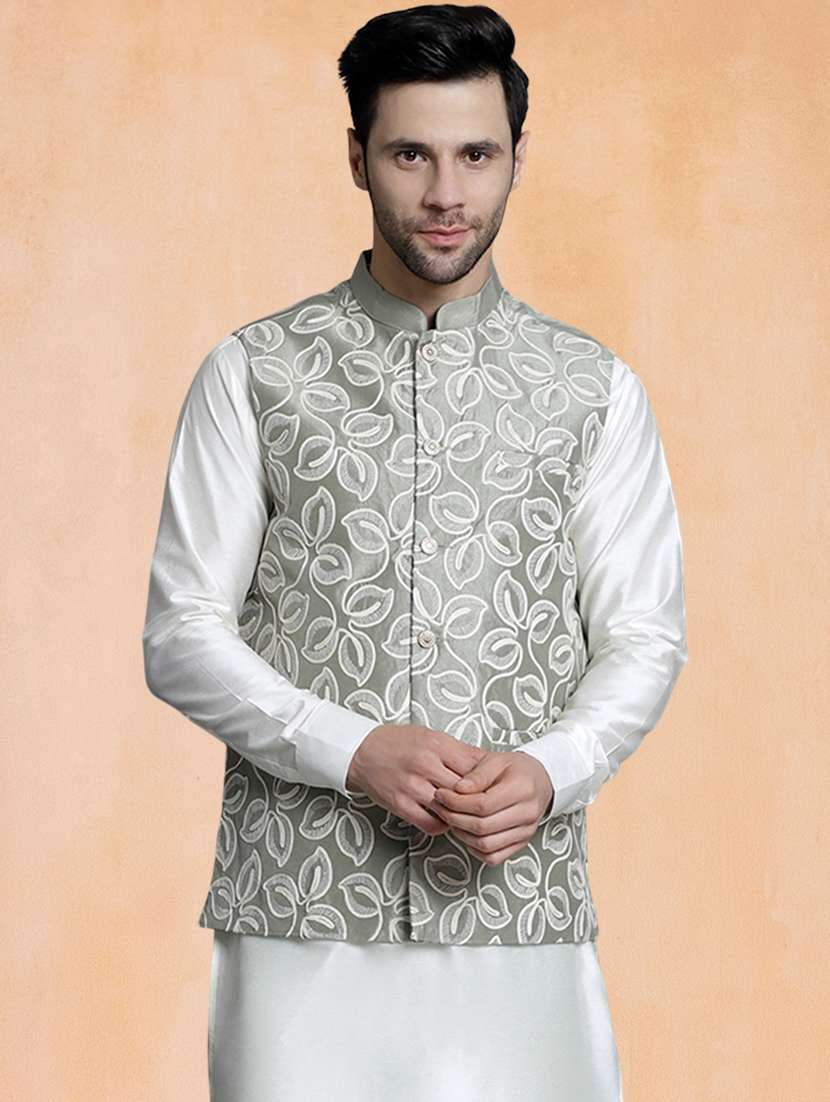 men solid with work mandarin neck regular fit nehru jacket