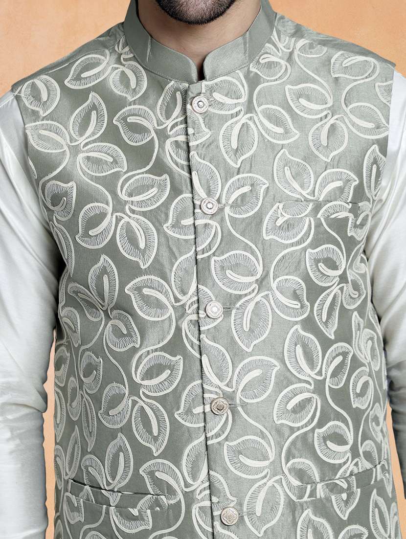 men solid with work mandarin neck regular fit nehru jacket - 22224547 -  Standard Image - 4