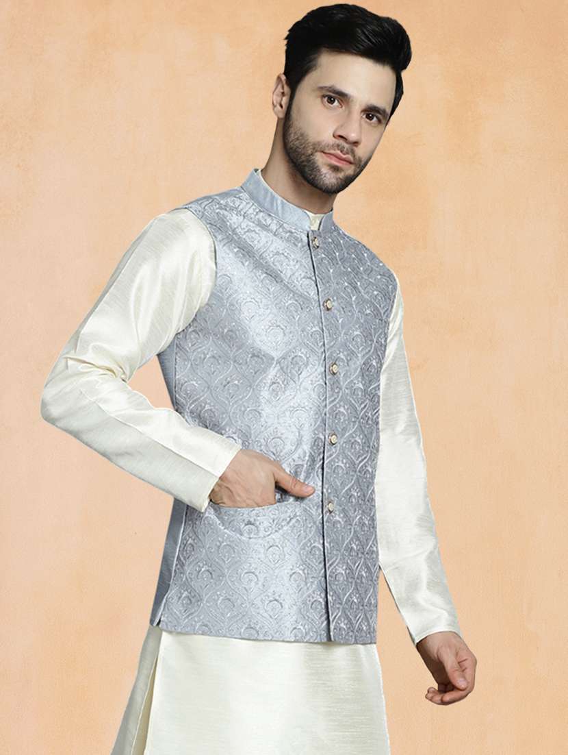 men solid with work mandarin neck regular fit nehru jacket - 22224548 -  Standard Image - 1
