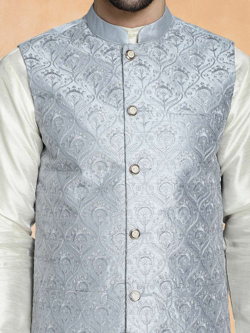 men solid with work mandarin neck regular fit nehru jacket - 22224548 -  Standard Image - 4