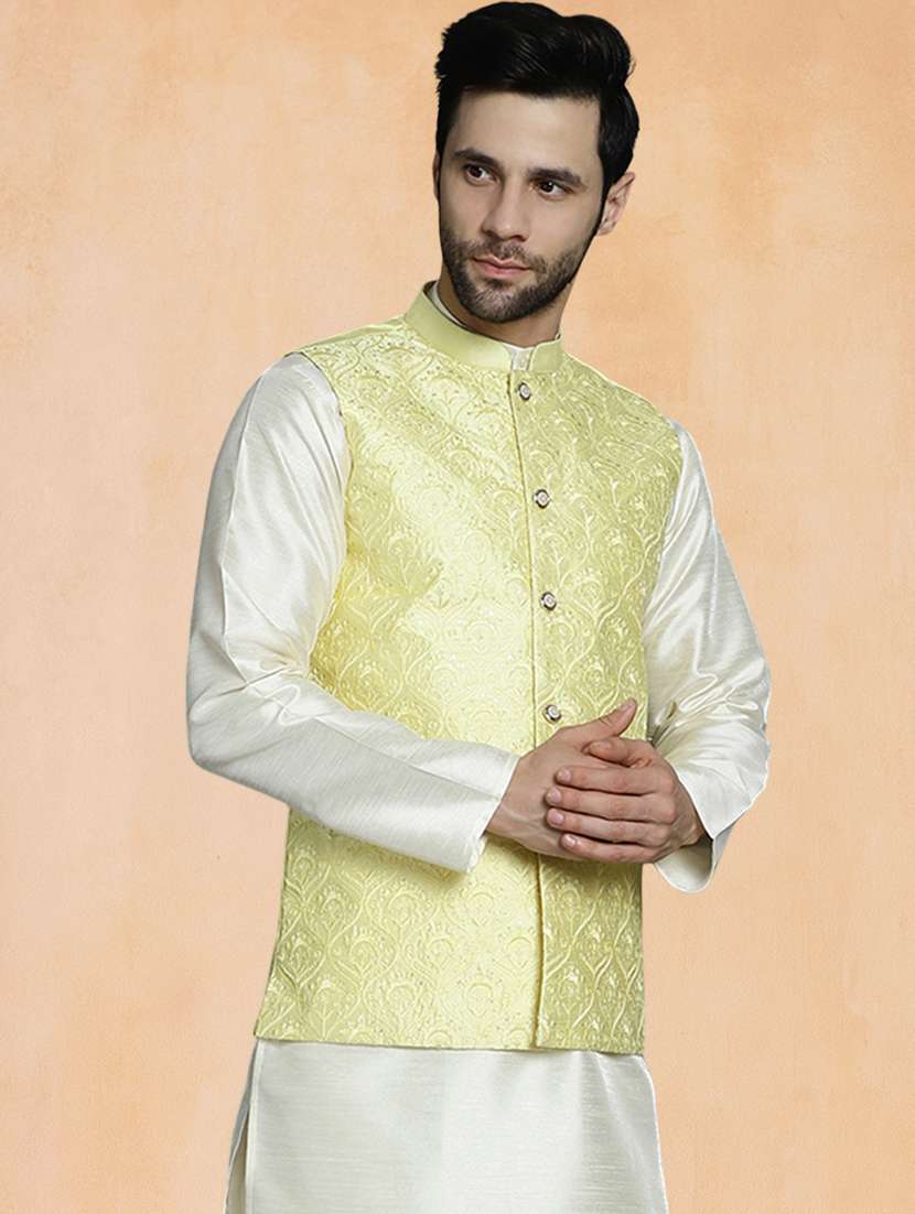 men solid with work mandarin neck regular fit nehru jacket - 22224549 -  Standard Image - 1