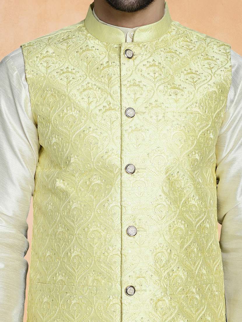 men solid with work mandarin neck regular fit nehru jacket - 22224549 -  Standard Image - 4