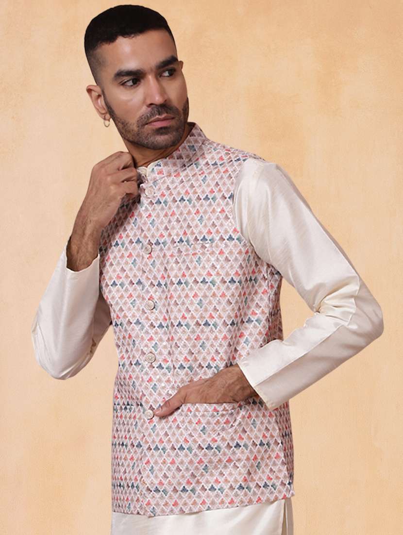 men printed mandarin neck regular fit nehru jacket - 22224550 -  Standard Image - 1