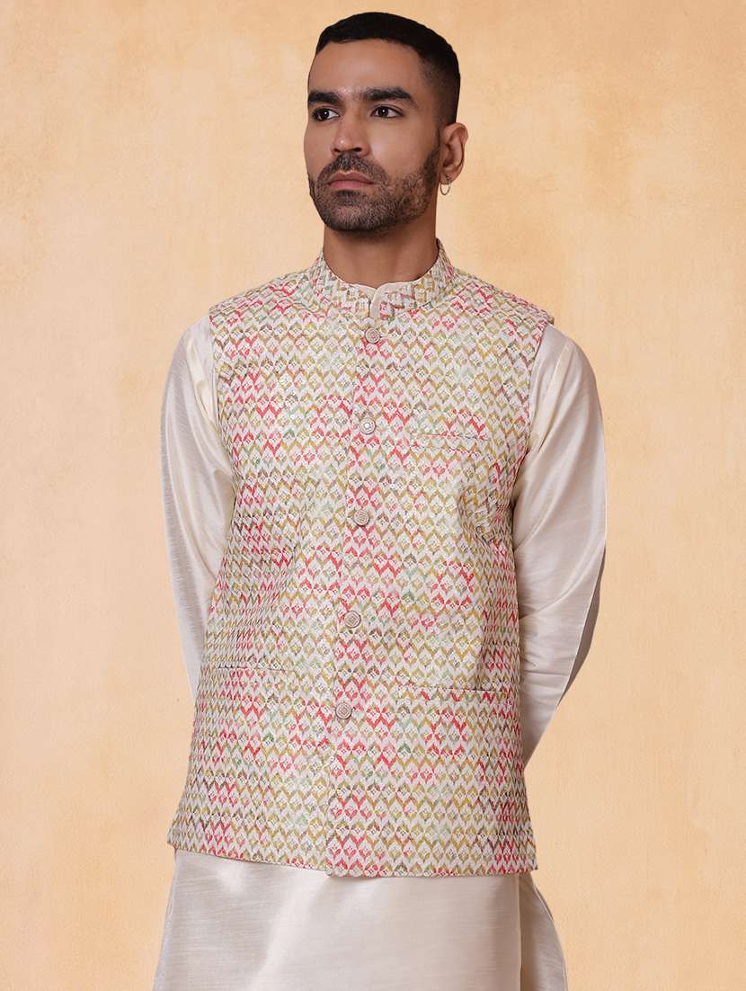 men printed mandarin neck regular fit nehru jacket - 22224553 -  Standard Image - 1