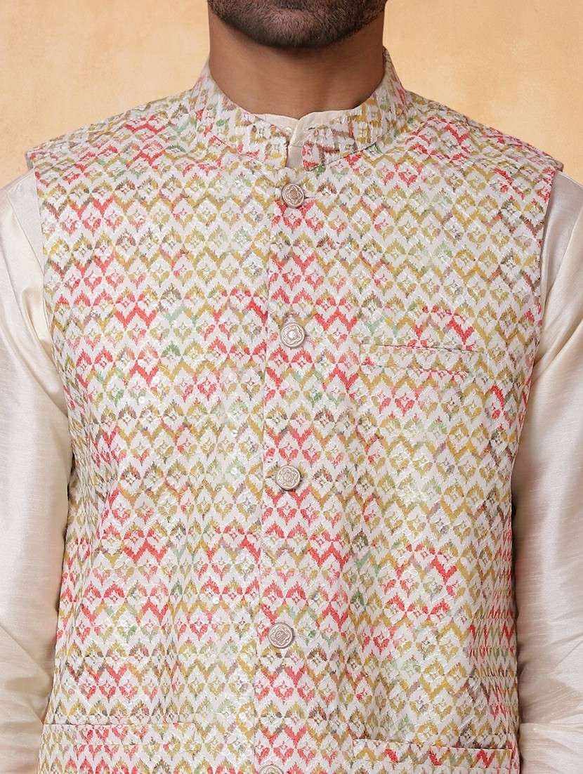 men printed mandarin neck regular fit nehru jacket - 22224553 -  Standard Image - 4