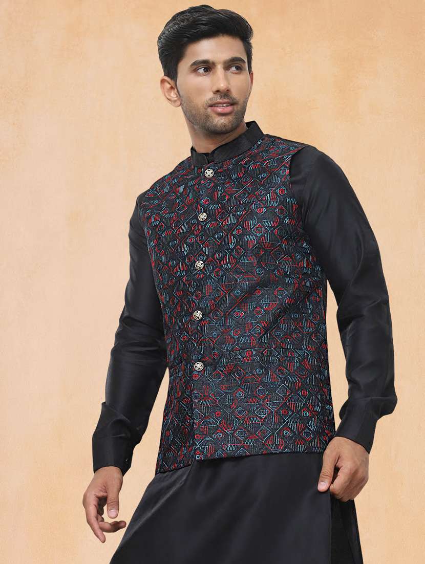men solid with work mandarin neck regular fit nehru jacket - 22224554 -  Standard Image - 1