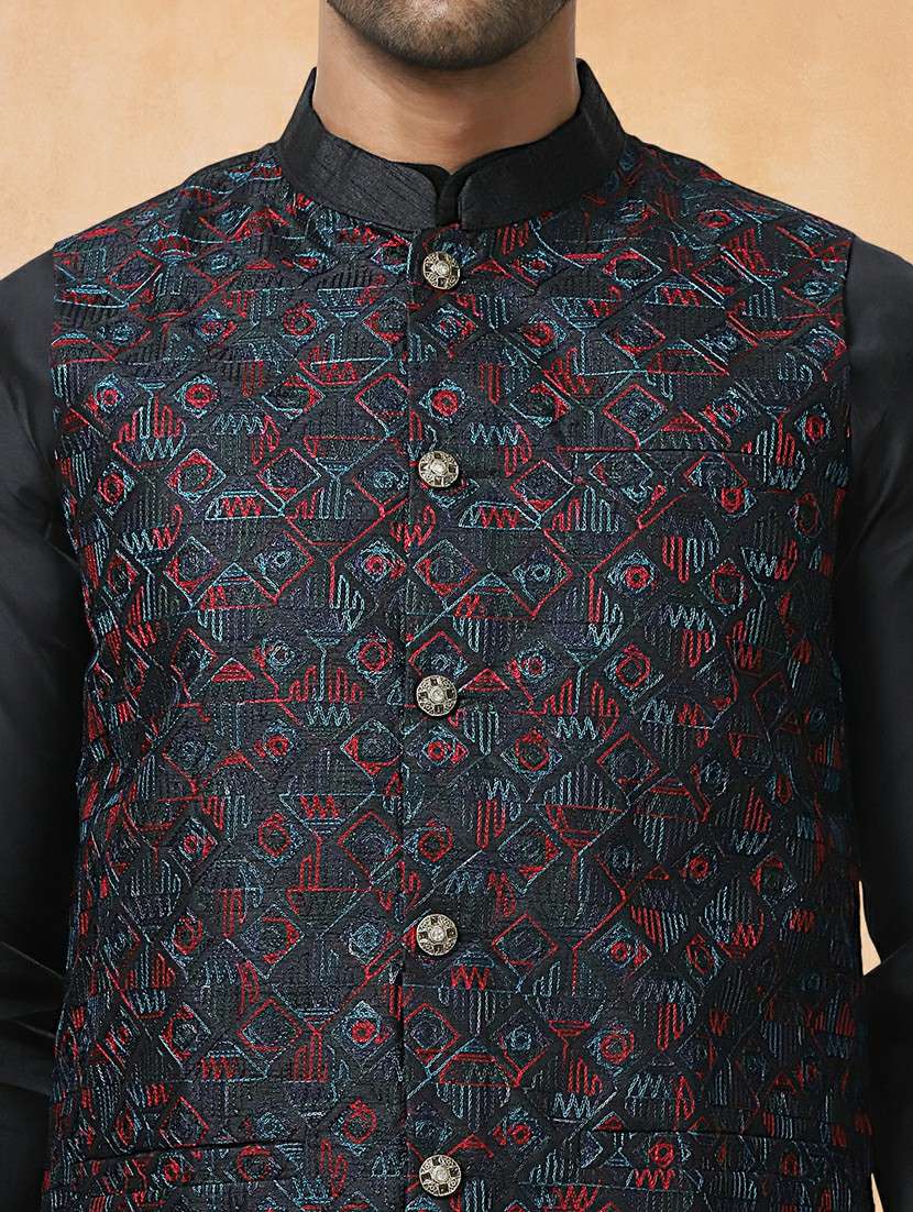 men solid with work mandarin neck regular fit nehru jacket - 22224554 -  Standard Image - 4