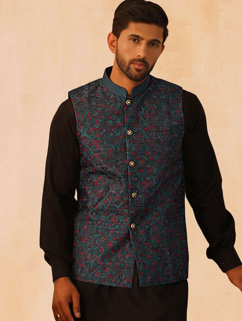 men solid with work mandarin neck regular fit nehru jacket - 22224555 -  Standard Image - 1