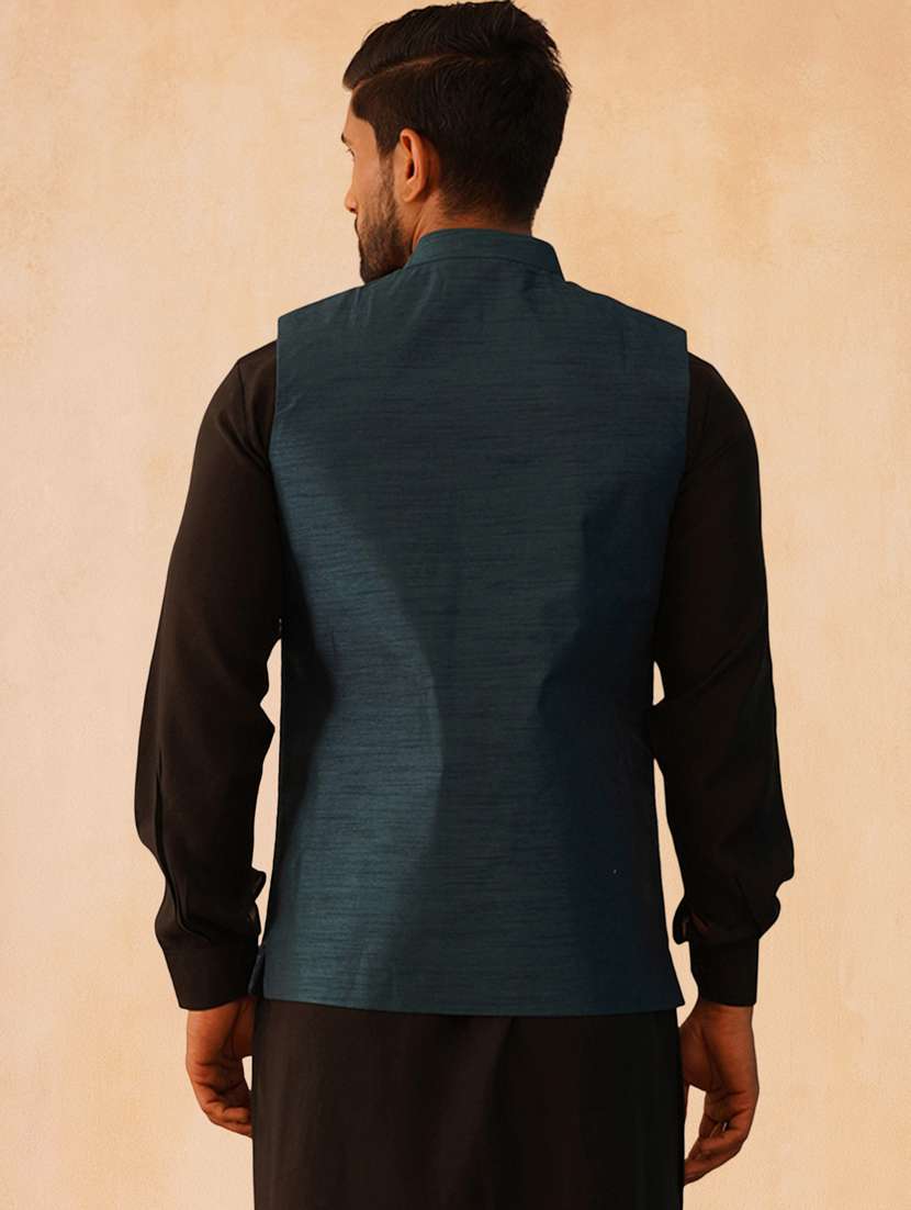 men solid with work mandarin neck regular fit nehru jacket - 22224555 -  Standard Image - 4