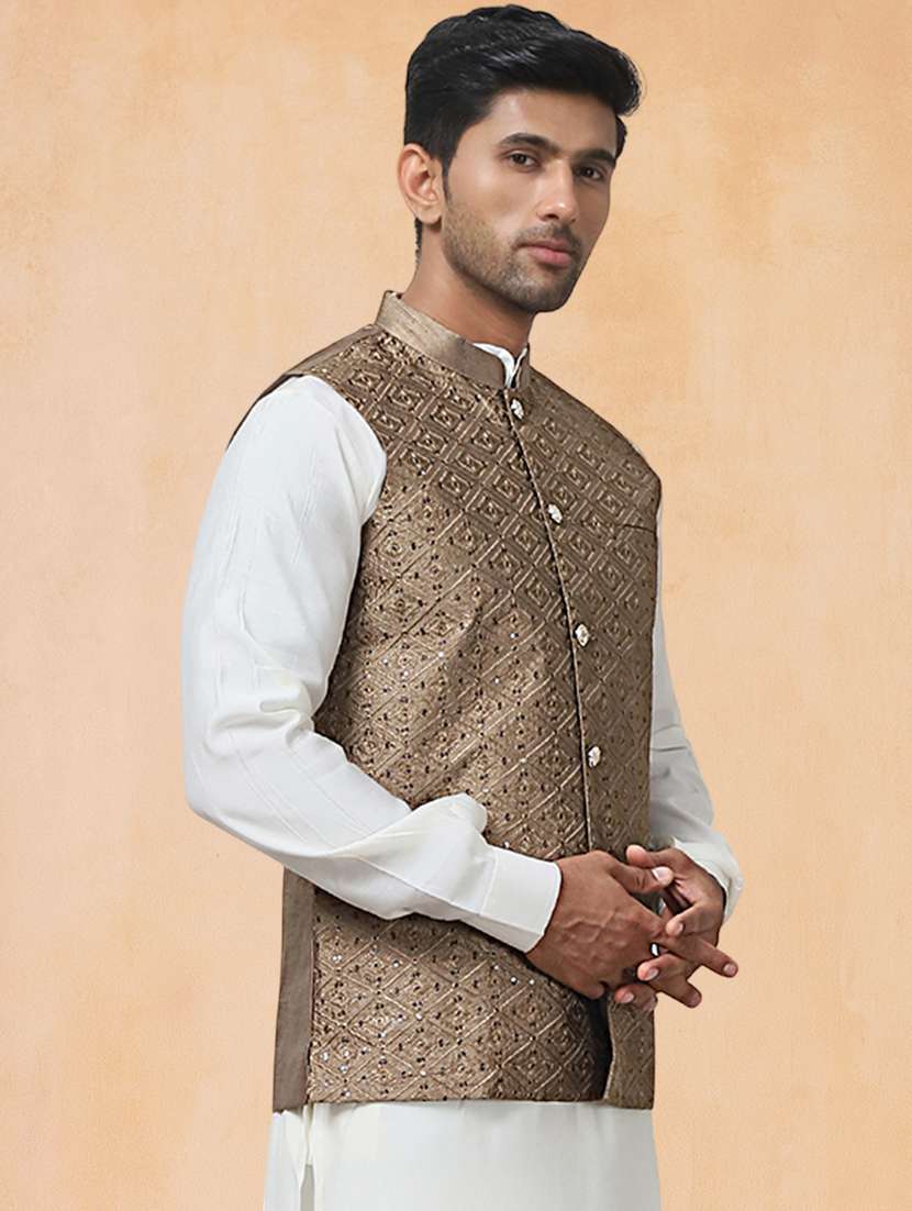 men solid with work mandarin neck regular fit nehru jacket - 22224556 -  Standard Image - 1