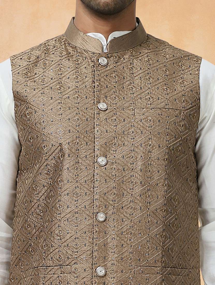 men solid with work mandarin neck regular fit nehru jacket - 22224556 -  Standard Image - 4