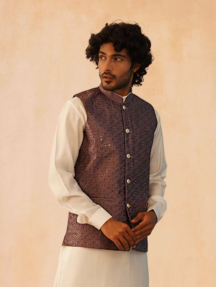 men solid with work mandarin neck regular fit nehru jacket - 22224557 -  Standard Image - 1