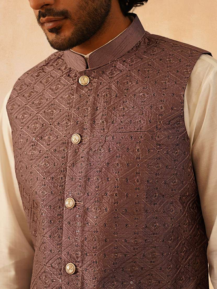 men solid with work mandarin neck regular fit nehru jacket - 22224557 -  Standard Image - 4