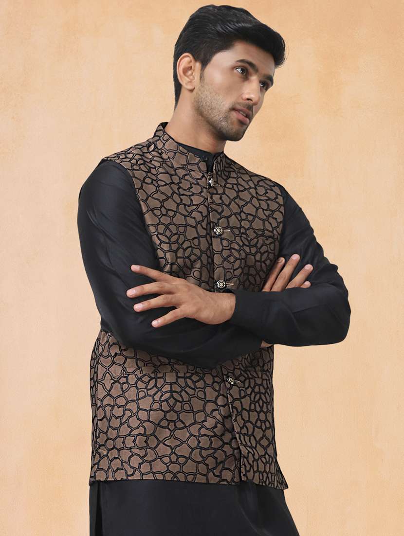 men solid with work mandarin neck regular fit nehru jacket - 22224559 -  Standard Image - 1