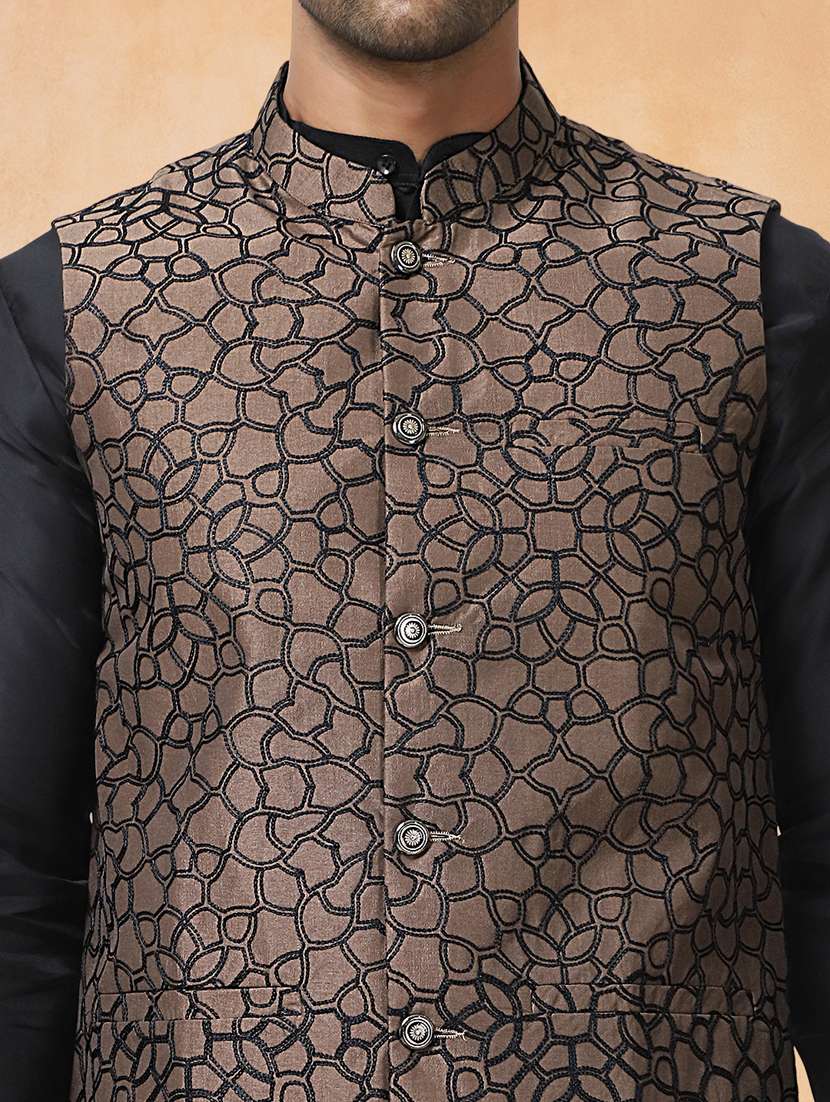 men solid with work mandarin neck regular fit nehru jacket - 22224559 -  Standard Image - 4