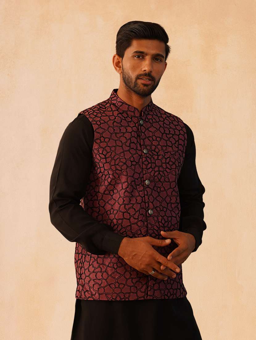 men solid with work mandarin neck regular fit nehru jacket - 22224560 -  Standard Image - 1