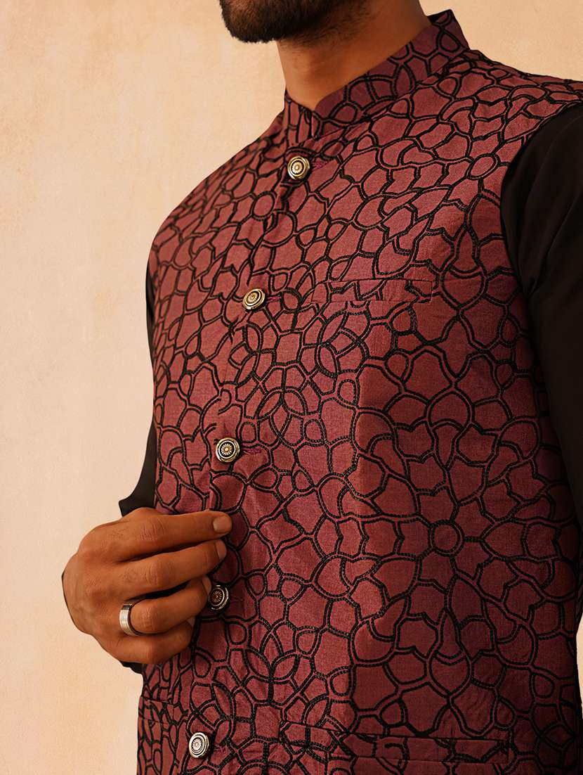 men solid with work mandarin neck regular fit nehru jacket - 22224560 -  Standard Image - 4