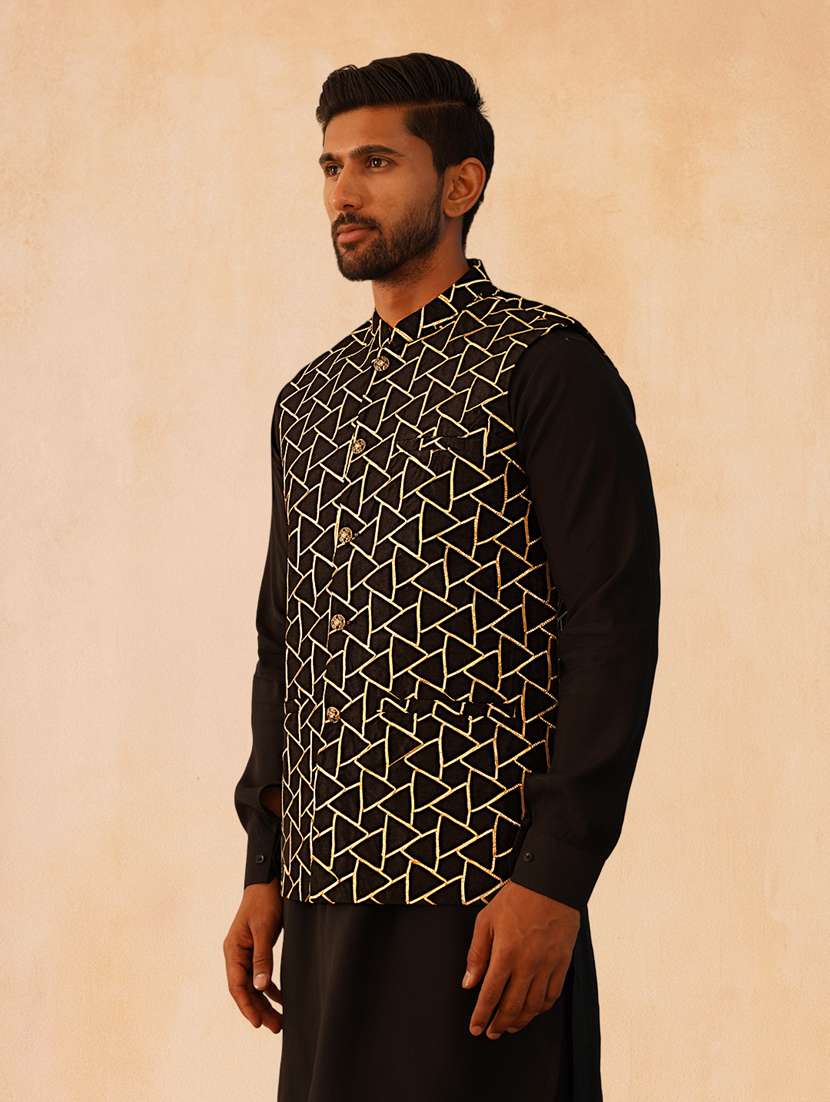 men solid with work mandarin neck regular fit nehru jacket - 22224563 -  Standard Image - 1