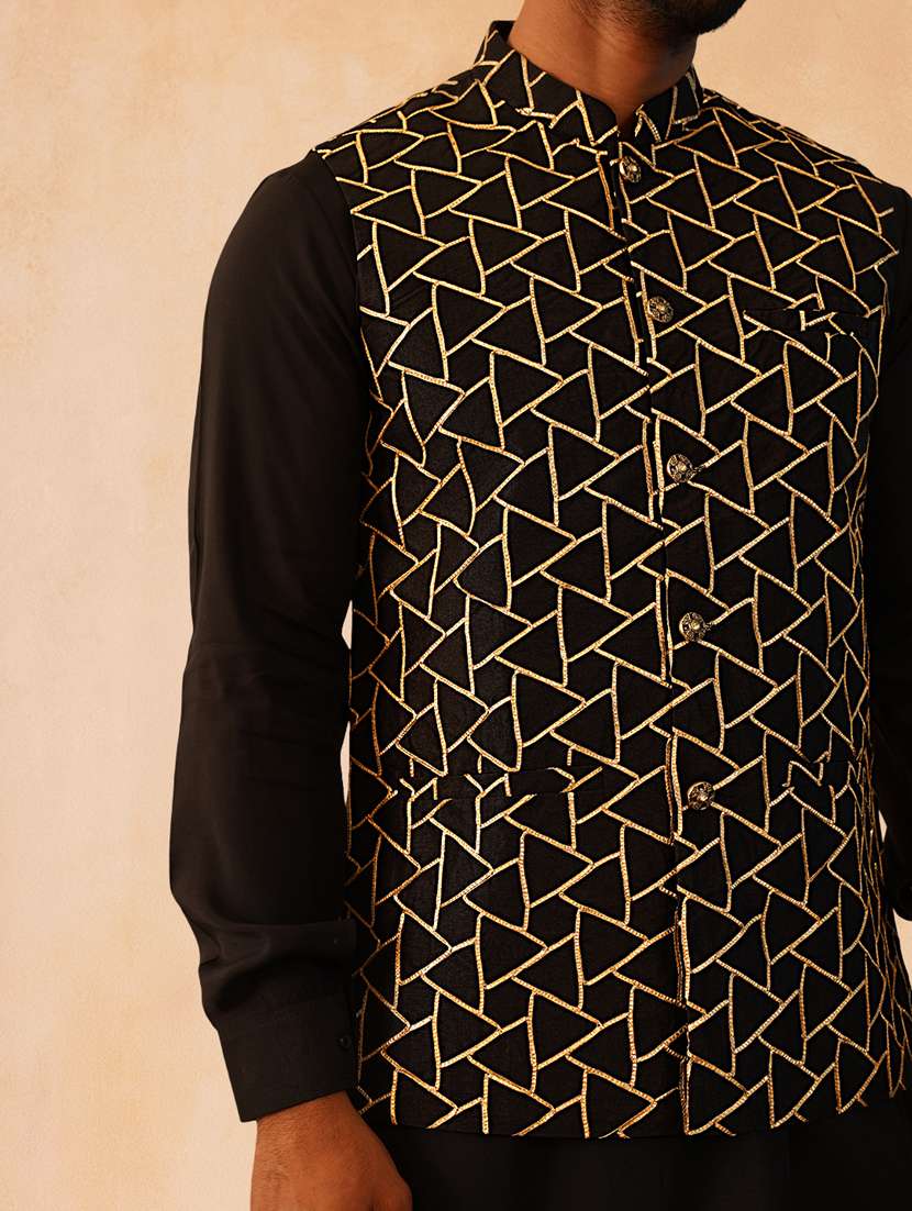 men solid with work mandarin neck regular fit nehru jacket - 22224563 -  Standard Image - 4