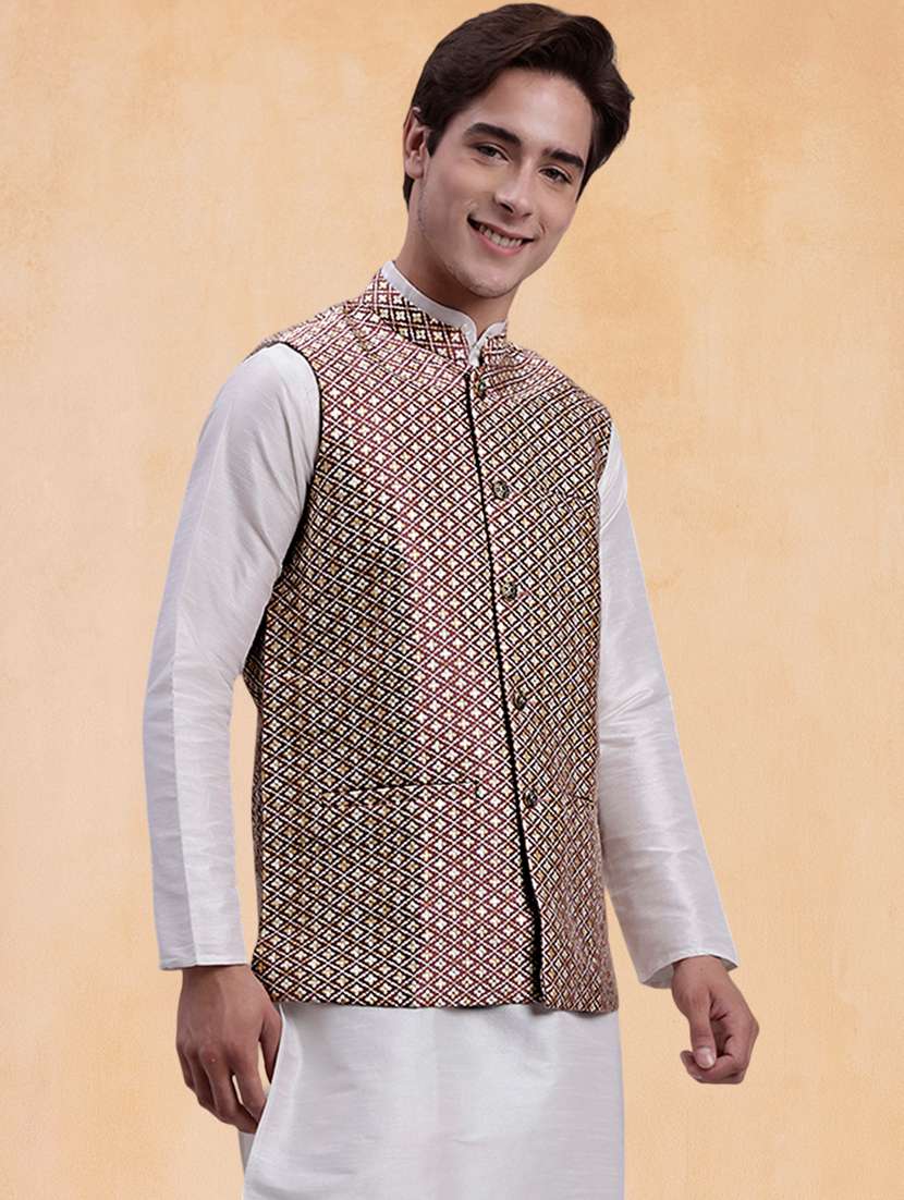 men self design mandarin neck regular fit nehru jacket - 22224571 -  Standard Image - 1