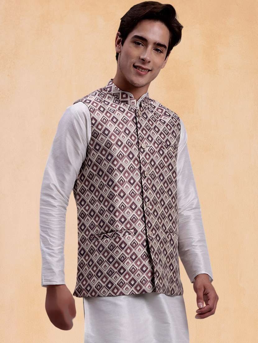 men self design mandarin neck regular fit nehru jacket - 22224572 -  Standard Image - 1