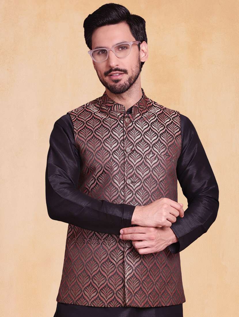 men self design mandarin neck regular fit nehru jacket - 22224576 -  Standard Image - 1