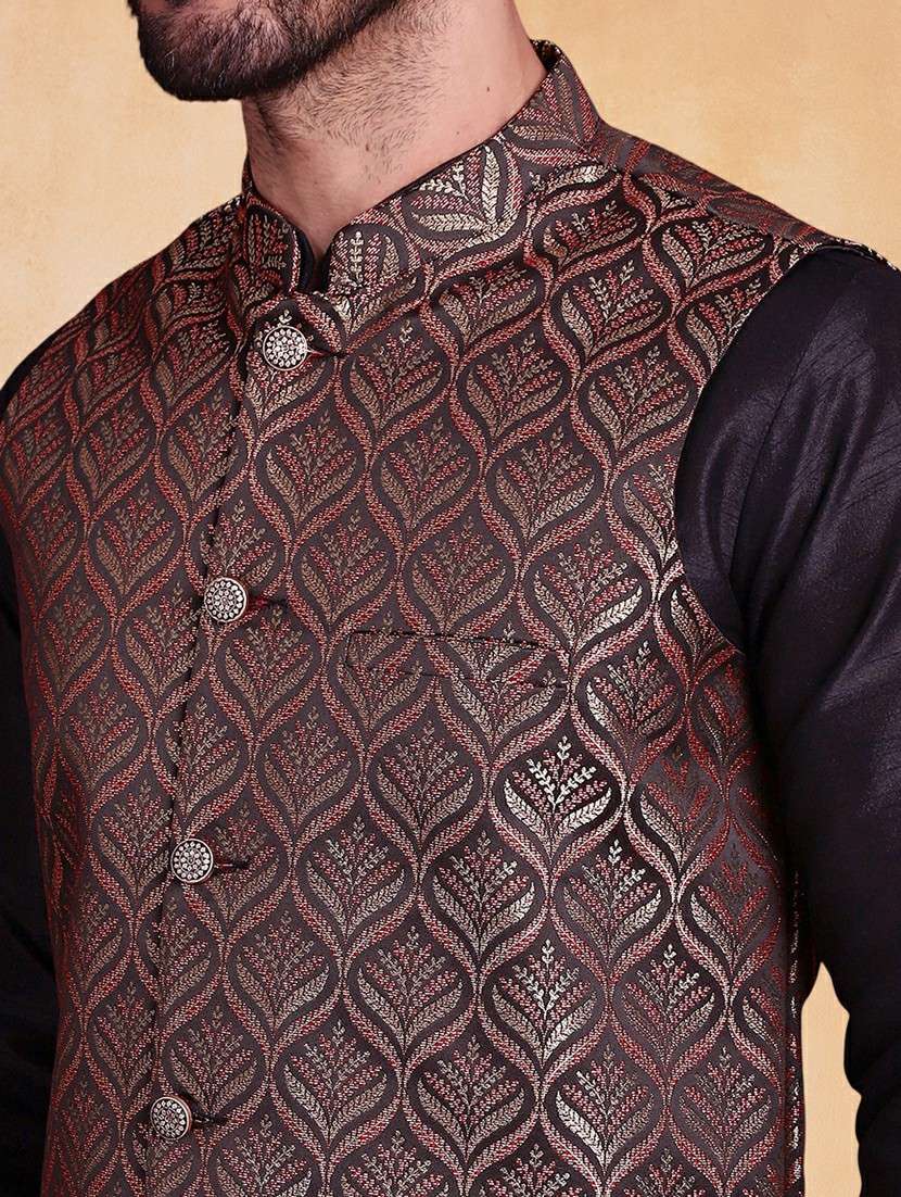men self design mandarin neck regular fit nehru jacket - 22224576 -  Standard Image - 4