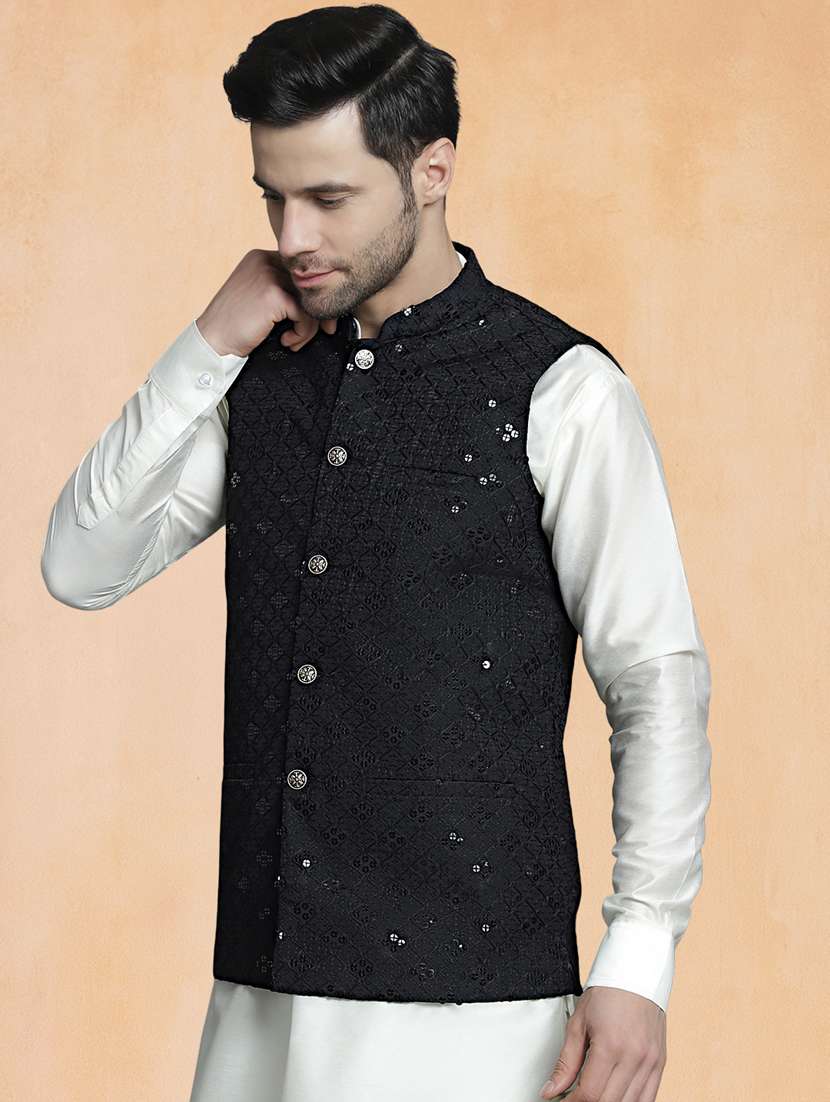 men solid with work mandarin neck regular fit nehru jacket - 22224578 -  Standard Image - 1
