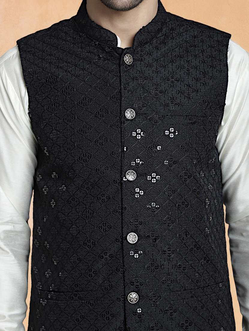 men solid with work mandarin neck regular fit nehru jacket - 22224578 -  Standard Image - 4